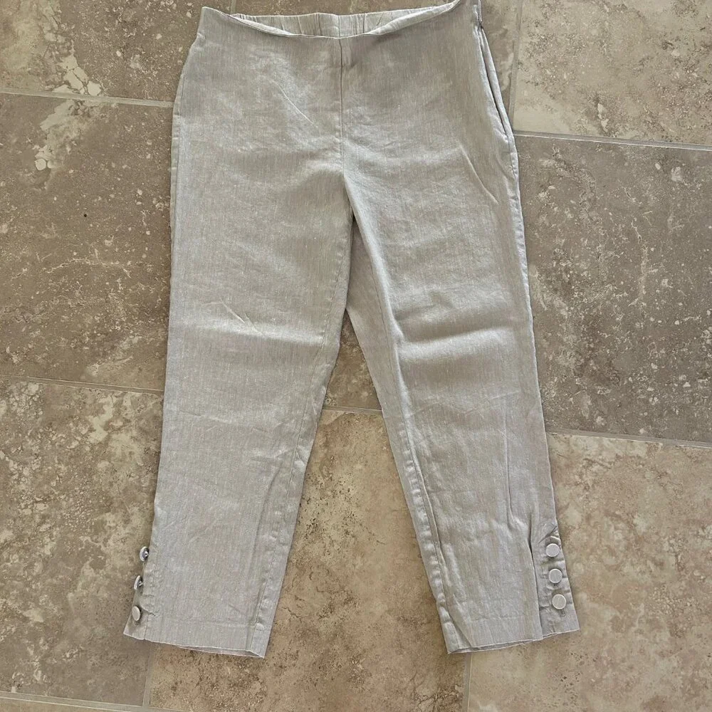 J Jill Linen Cropped Pants Side Zip Button Hem Neutral Summer Stretch Casual SZM - Picture 5 of 7